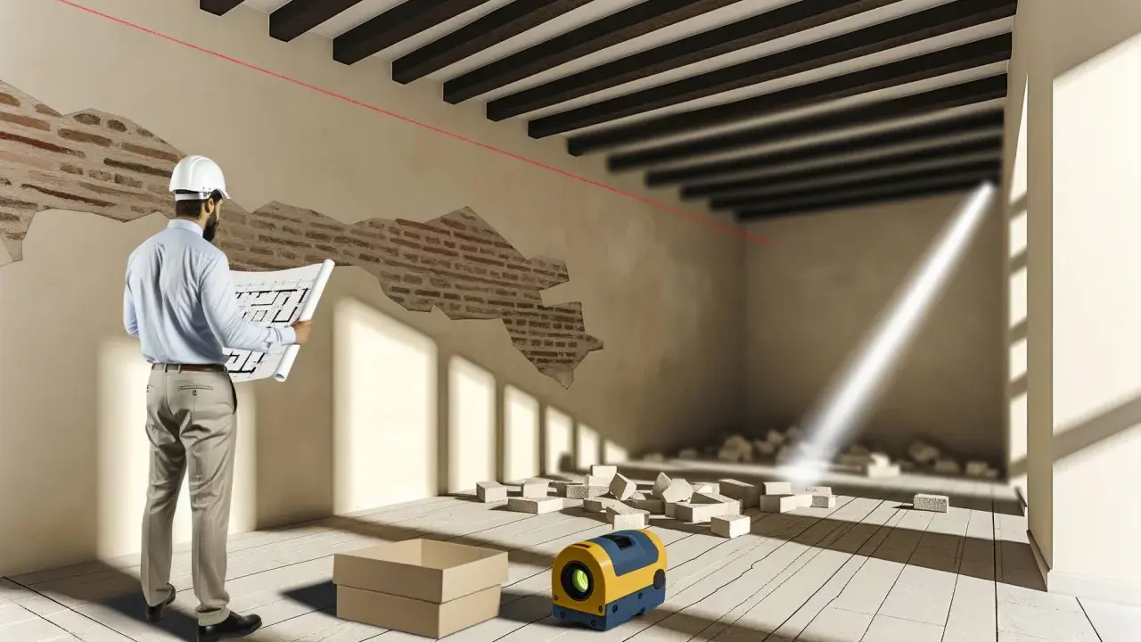 Arquitecto revisa planos para saber como tirar un tabique. Láser de construcción y escombros en el suelo.