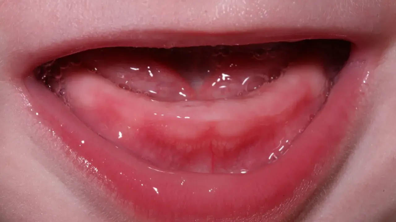 Gengive rosse e gonfie di un neonato, con piccole bollicine di saliva. Inizia la dentizione, un momento emozionante per la dentizione del neonato.