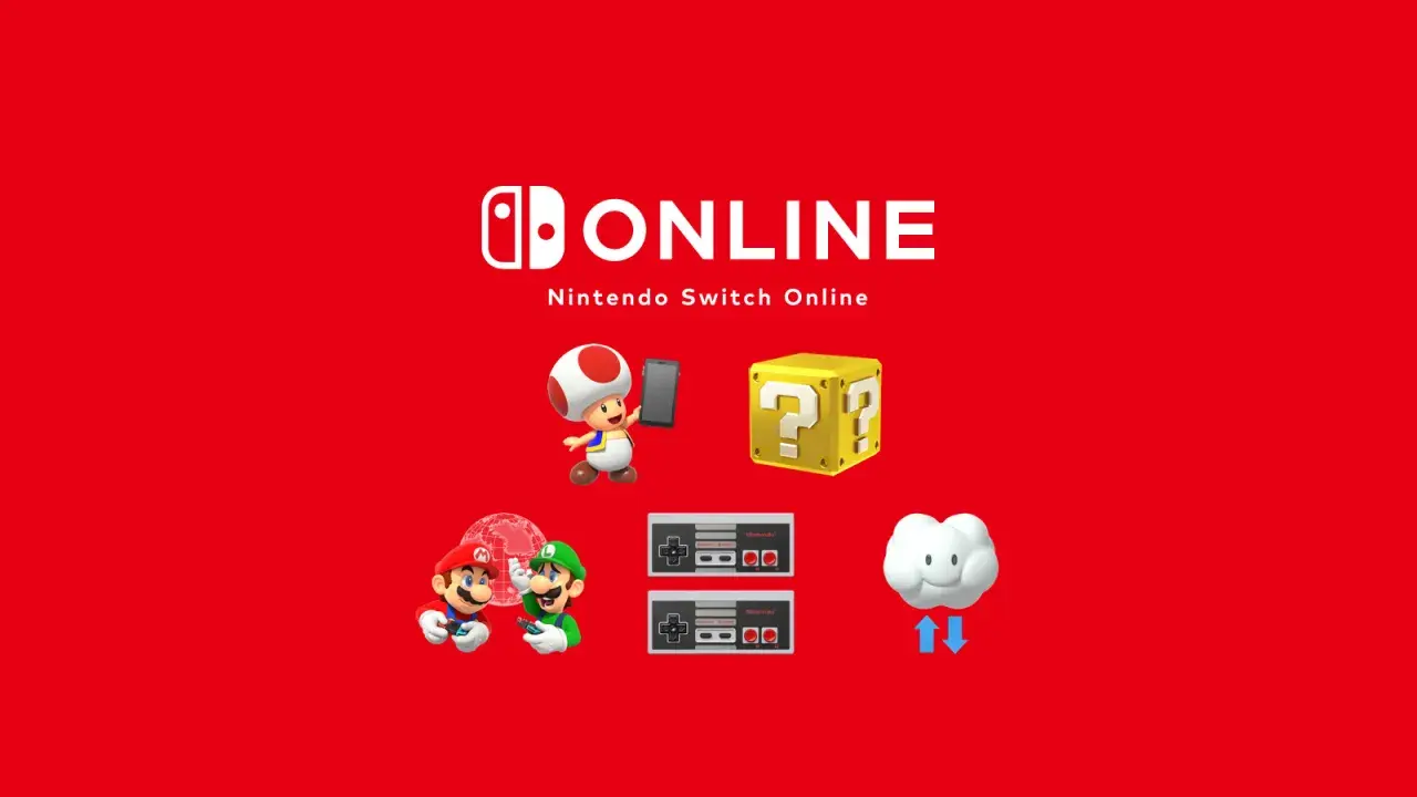 Mario, Luigi, Toad i chmurka z ikonami pobierania/wysyłania. Dowiedz się, nintendo switch online co daje!