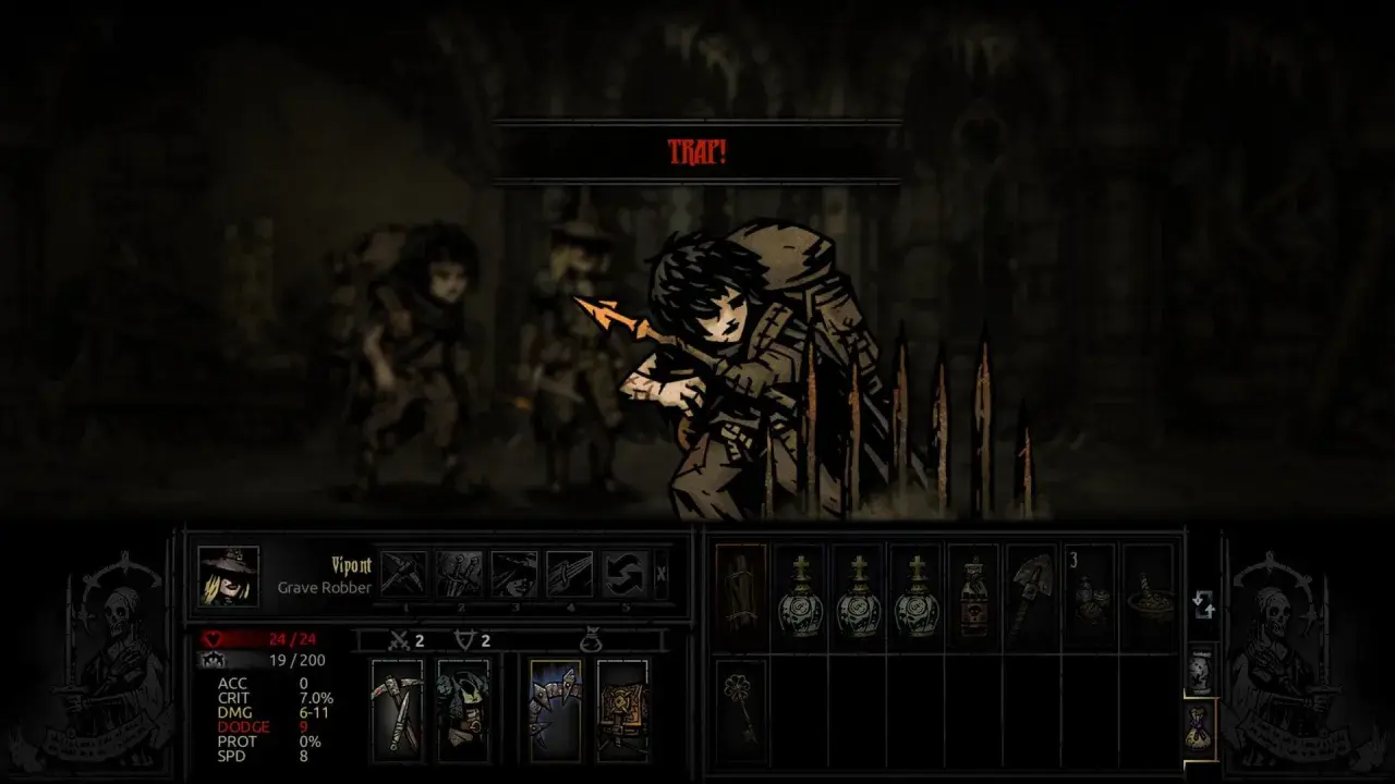 Grave Robber z gry planszowej dungeon crawler wpada w pułapkę.