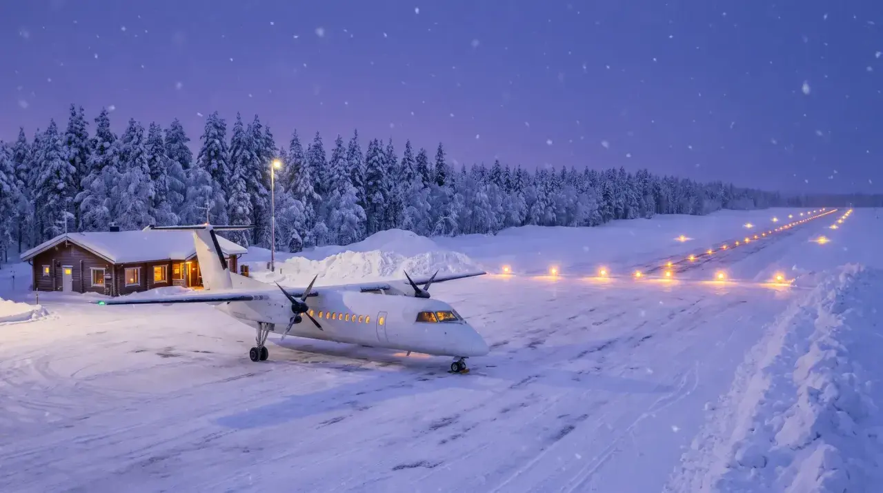 Ett litet flygplan står på en snötäckt flygplats i skymningen. Ljus längs landningsbanan lyser upp vägen mot norr, redo för resan från Stockholm till Lappland.