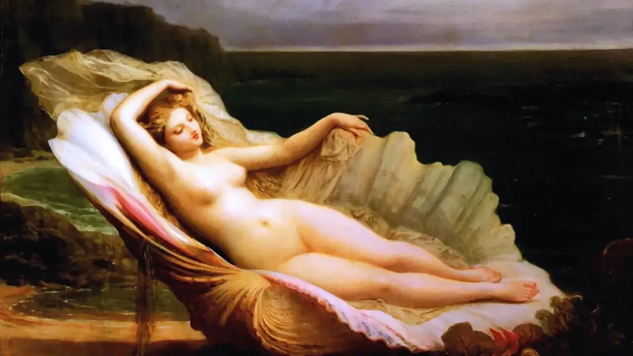 Venus, die Göttin der Liebe, ruht in einer Muschel am Ufer. Was ist akt.