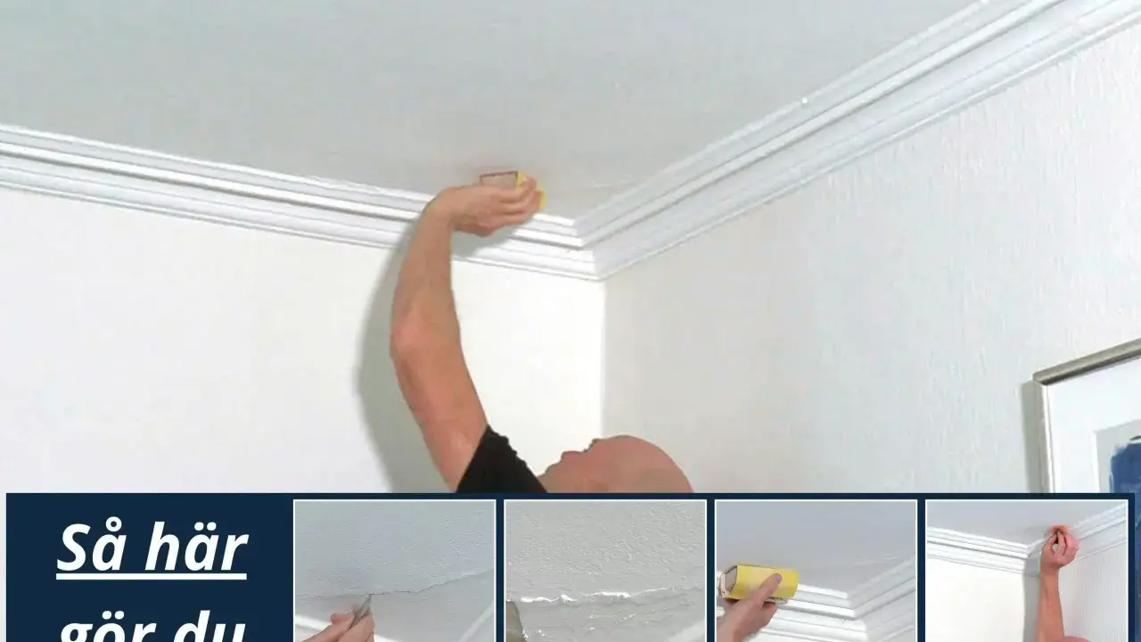 Man lagar sprickor i taket med spackel och sandpapper. Bilden visar hur man gör.
