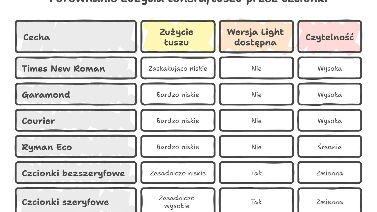 Porównanie zużycia tonera przez czcionki: Times New Roman, Garamond, Courier, Ryman Eco, bezszeryfowe, szeryfowe. Sprawdź, które czcionki online są najbardziej oszczędne.