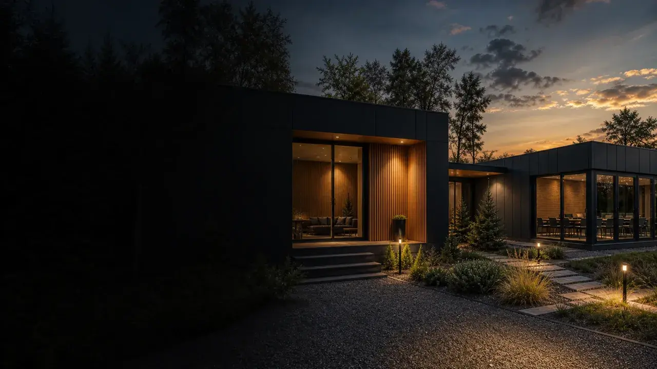 Nowoczesna budowa domu modułowego o minimalistycznej architekturze, oświetlona ciepłym światłem o zachodzie słońca.