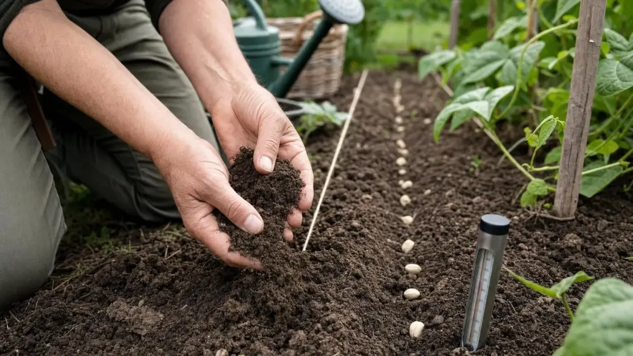 Mains tenant de la terre pour semer des haricots verts, suivant la tradition de semer avec la lune. Un thermomètre de sol est planté à proximité.