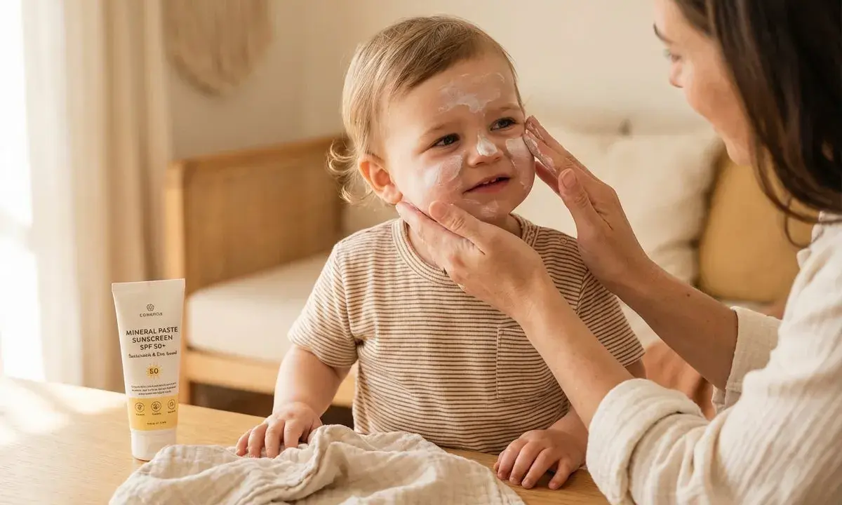 Mamma smörjer sitt barn med zinkpasta solskydd SPF 50+. En tub med solskyddet syns på bordet.