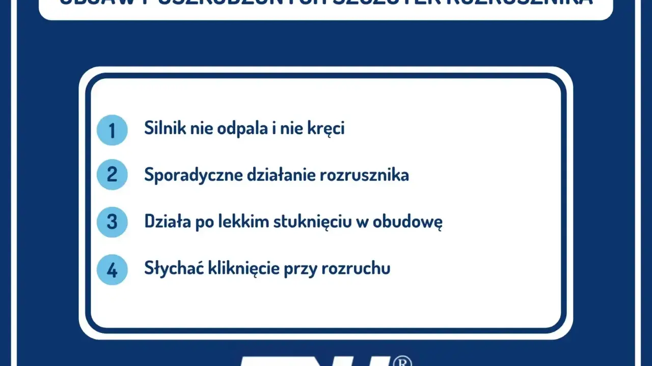 Objawy uszkodzonych szczotek rozrusznika: silnik nie odpala, sporadyczne działanie, działa po stuknięciu, słychać kliknięcie.