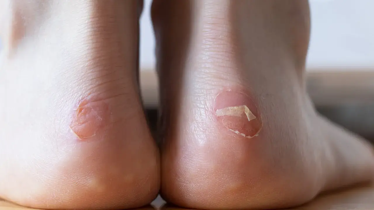 Gros plan sur des talons avec des ampoules, dont une avec un pansement. L'éosine sur ampoule révèle la peau irritée.