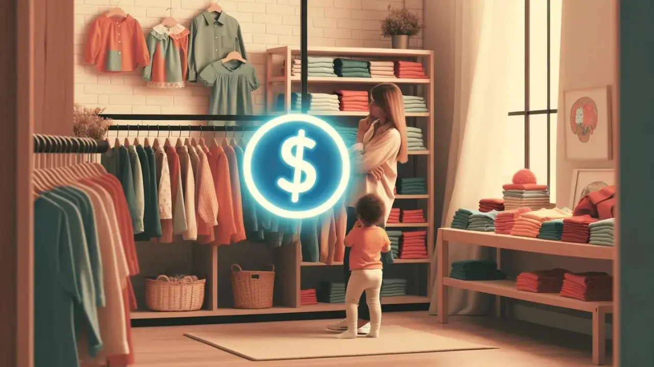 Kobieta z dzieckiem w sklepie z ubraniami, zastanawiają się jakie alimenty przy zarobkach 3500 netto można przeznaczyć na zakupy.