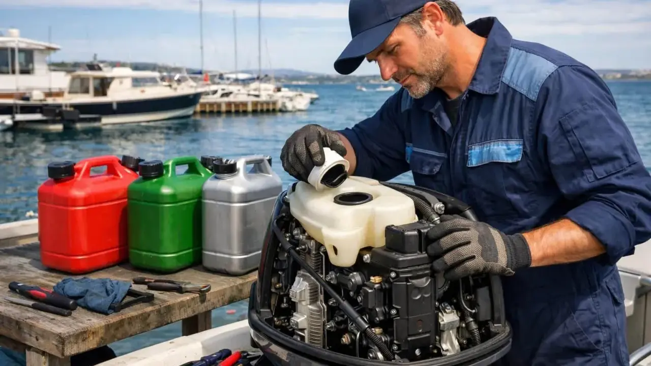 Mécanicien remplissant un moteur hors-bord essence 95 ou 98. Bidons de carburant rouges, verts et argentés à proximité.