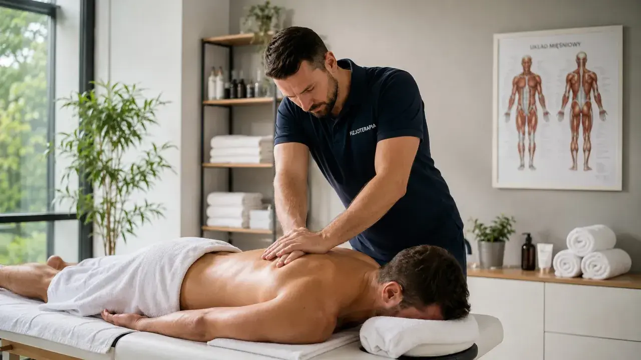 Fizjoterapeuta wykonuje masaż tkanek głębokich pleców pacjenta leżącego na kozetce. W tle widać plakat z układem mięśniowym.