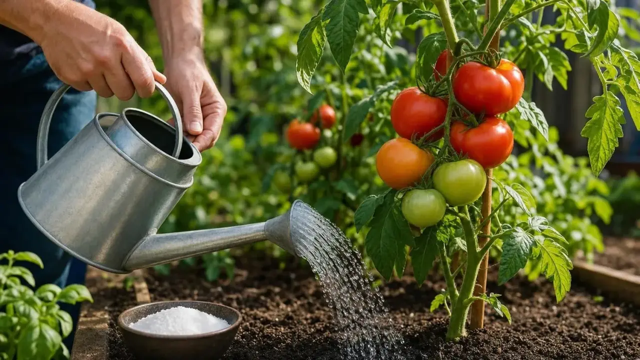 Arrosage d'un plant de tomates mûrissant, prêt pour un gourmand tomate.