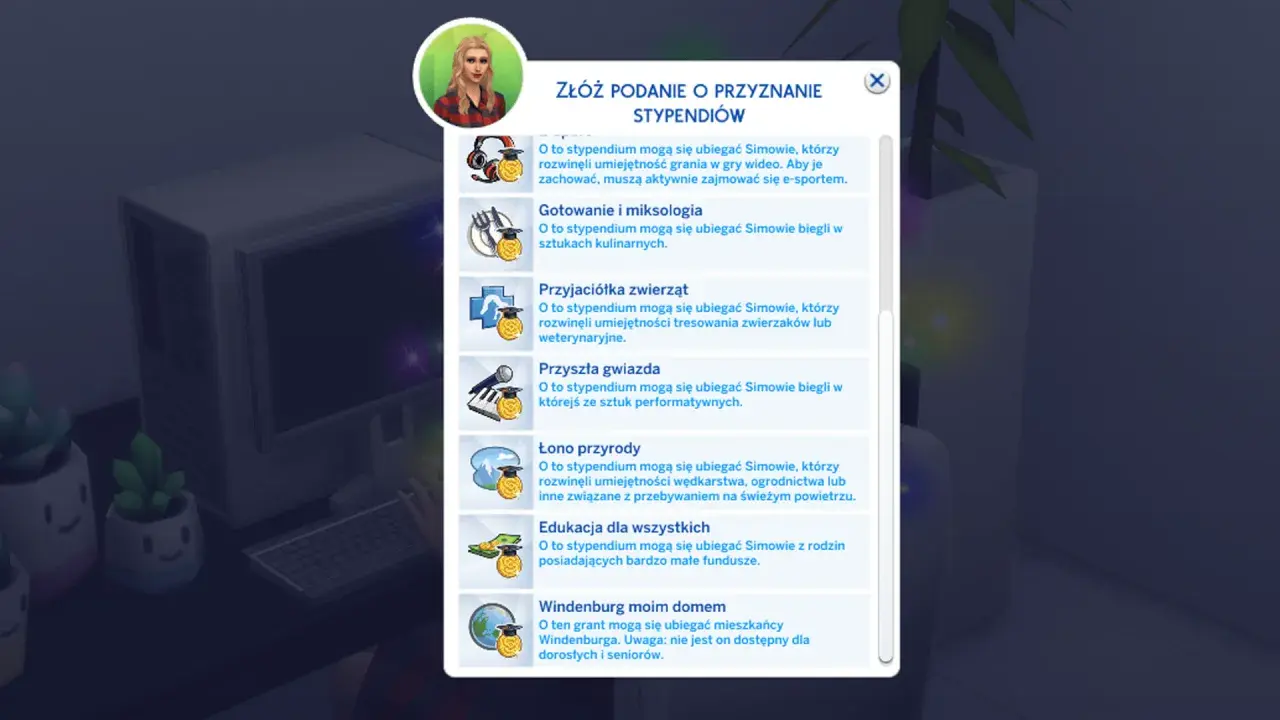 Sims 4: kierunki prestiżowe wymagania. Okno z podaniami o stypendia dla Simów: e-sport, gotowanie, zwierzęta, sztuki performatywne, przyroda, edukacja, Windenburg.