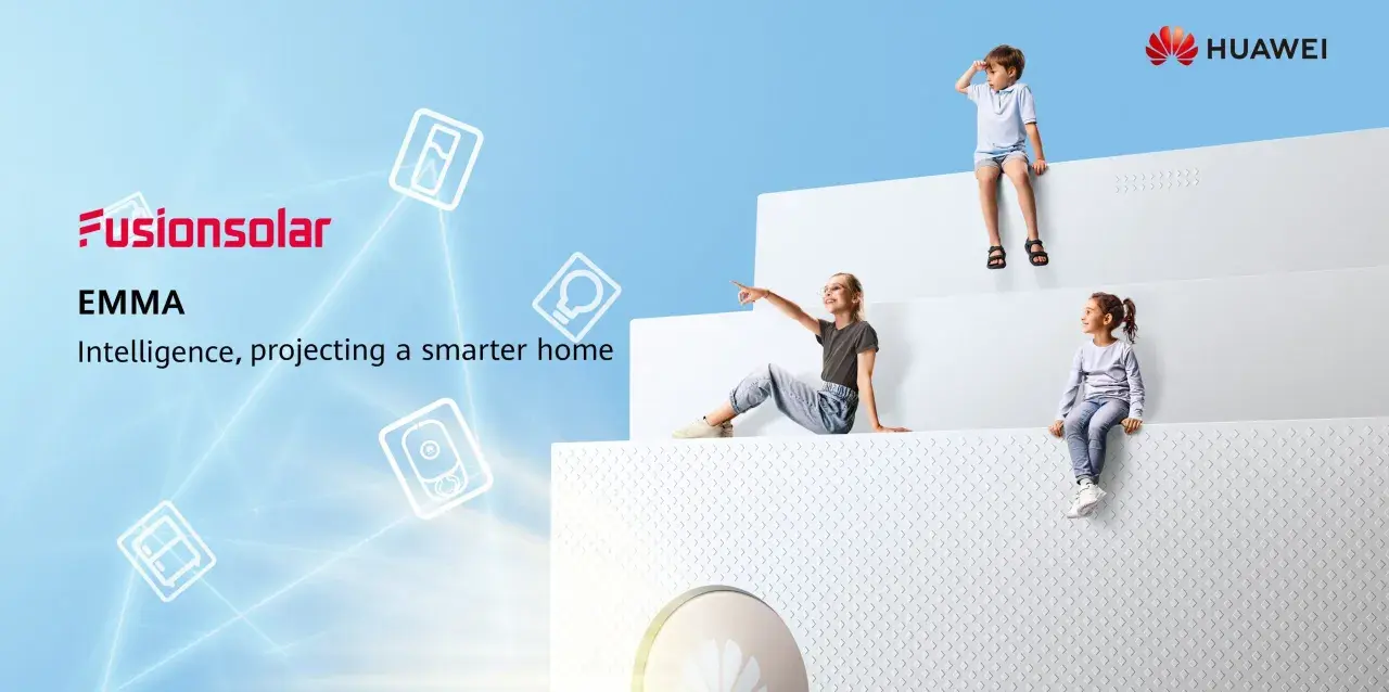 Barn sitter på vita trappsteg, en pojke spanar, en flicka pekar. Huawei EMMA, en smart optimerare för hemmet.