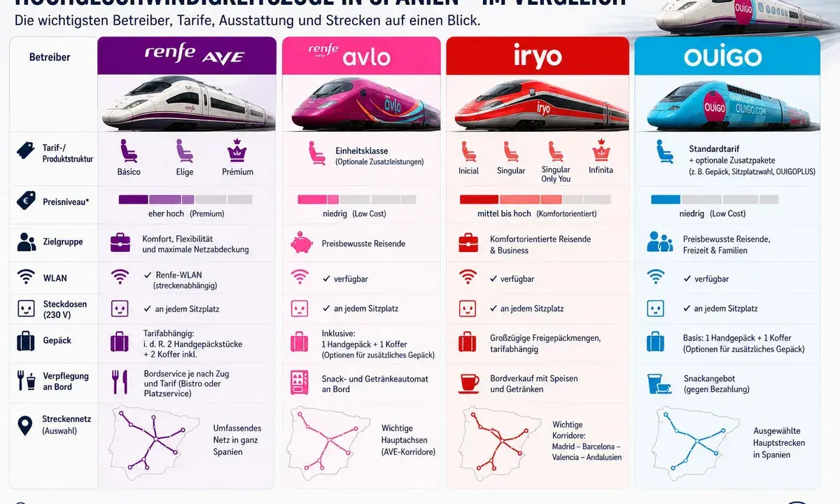 Vergleich spanischer Hochgeschwindigkeitszüge: Renfe AVE, Avlo, iryo und OUIGO. Infos zu Tarifen, Ausstattung und Streckennetz.
