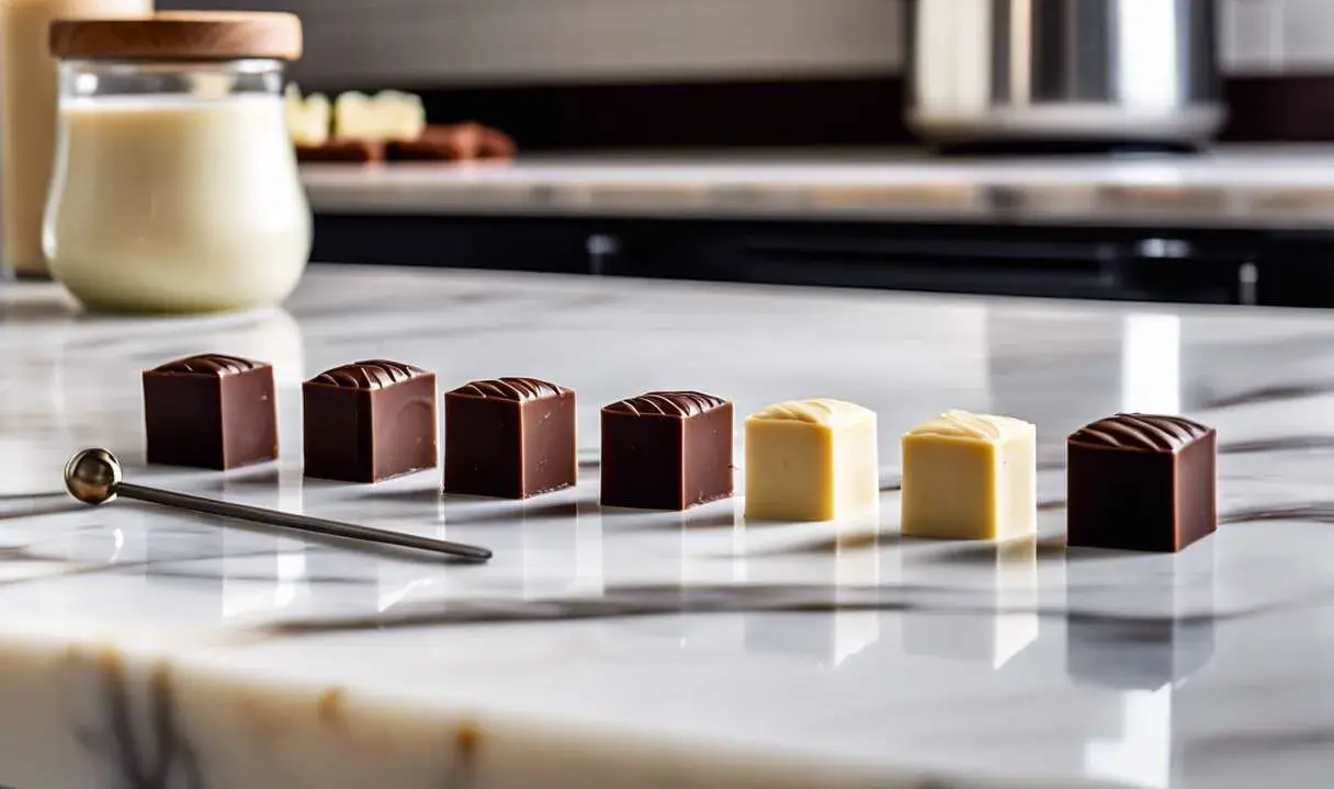 Cubes de chocolat noir et blanc alignés sur un marbre, prêts pour le temperage chocolat blanc. Une cuillère dorée repose à côté.