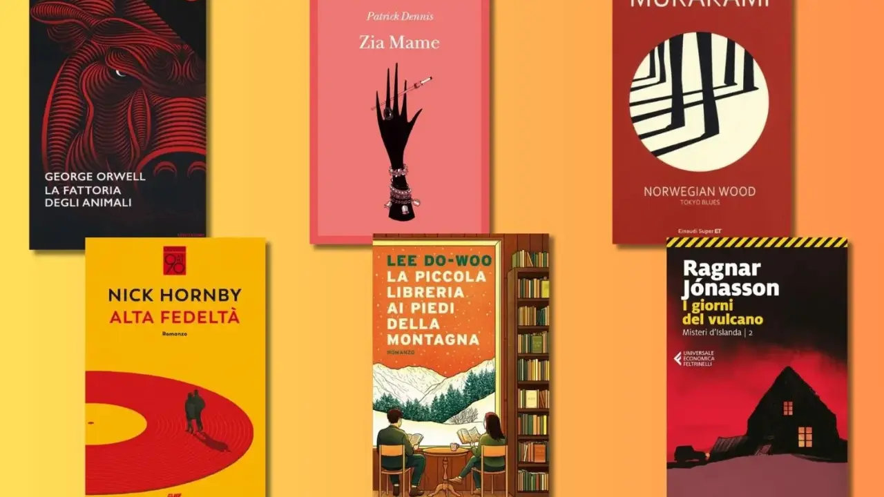 Sei copertine di libri importanti da leggere: "La fattoria degli animali", "Zia Mame", "Norwegian Wood", "Alta fedeltà", "La piccola libreria ai piedi della montagna", "I giorni del vulcano".