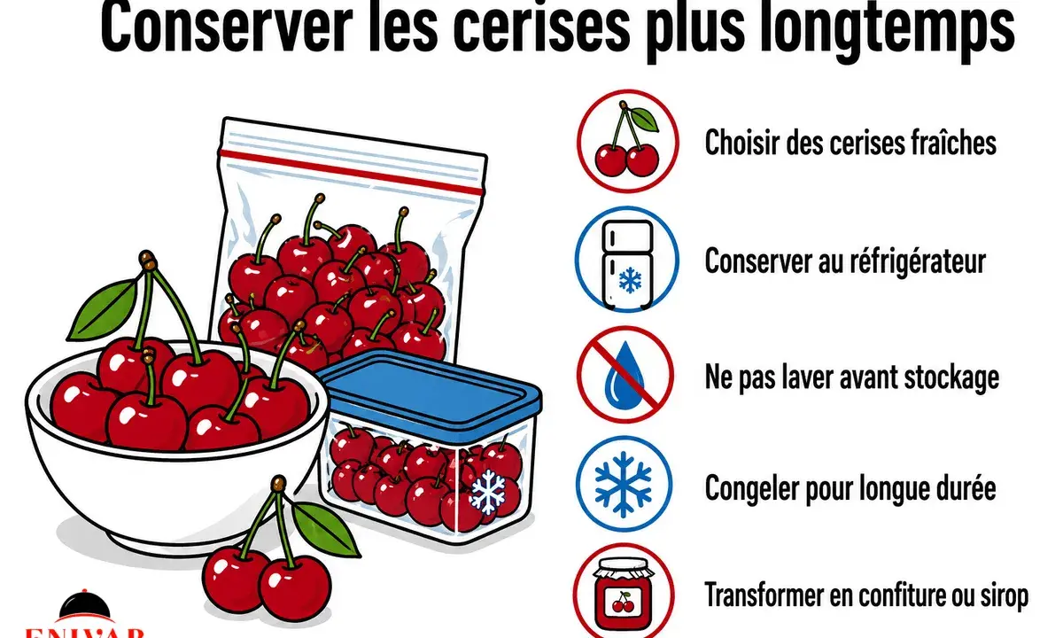 Conseils pour bien conserver des cerises : choisir des fruits frais, les garder au frais, ne pas les laver avant stockage, les congeler ou les transformer en confiture.