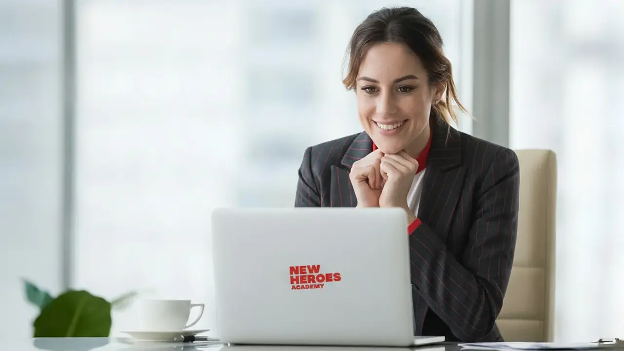 Uśmiechnięta kobieta przy laptopie z logo "New Heroes Academy" odkrywa, jak się przebranżowić.