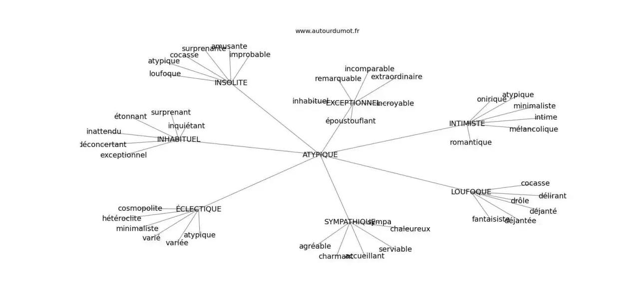Carte mentale des synonymes d'atypique : insolite, exceptionnel, inhabituel, loufoque, éclectique.