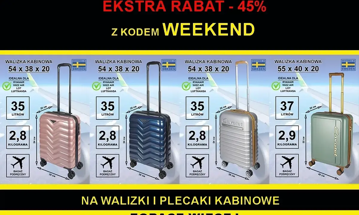 Walizki kabinowe idealne na bagaż rejestrowany 10 kg w liniach Ryanair, Wizz Air. Promocja z kodem WEEKEND.