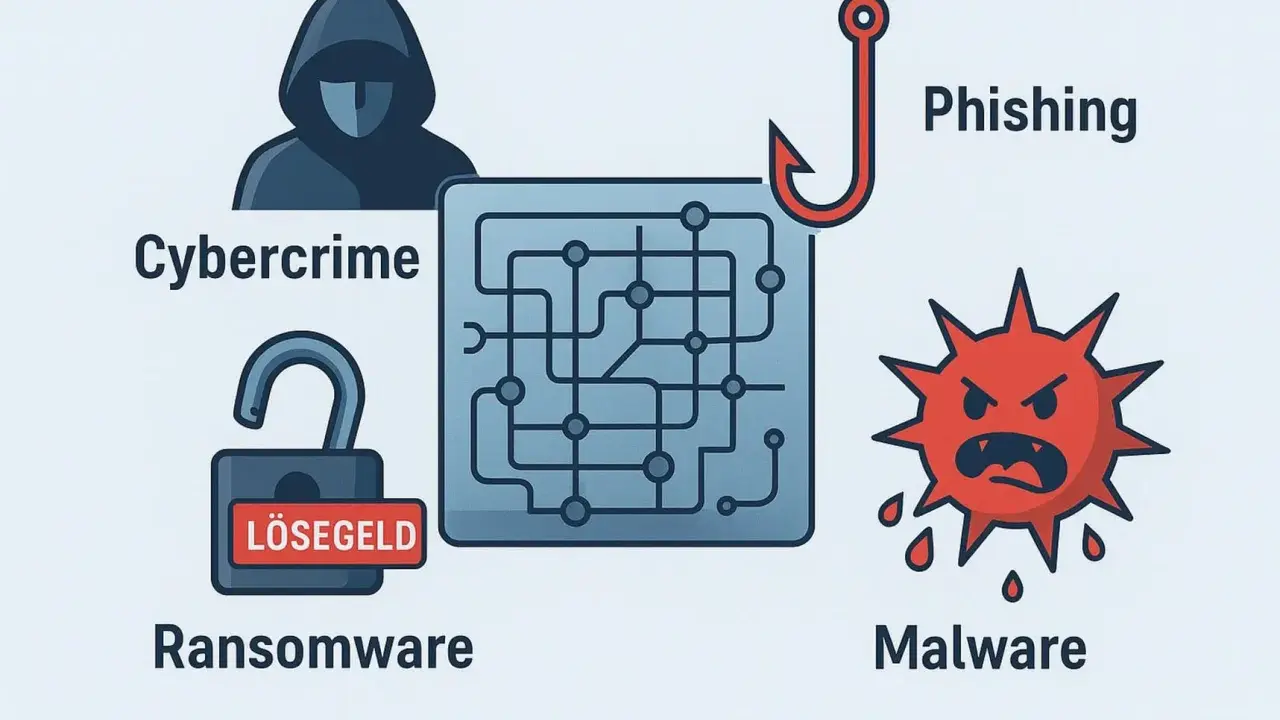 Cybercrime-Symbole: Hacker, Phishing-Haken, Malware-Virus, und ein offenes Schloss mit "LÖSEGELD" – die ransomware bedeutung.