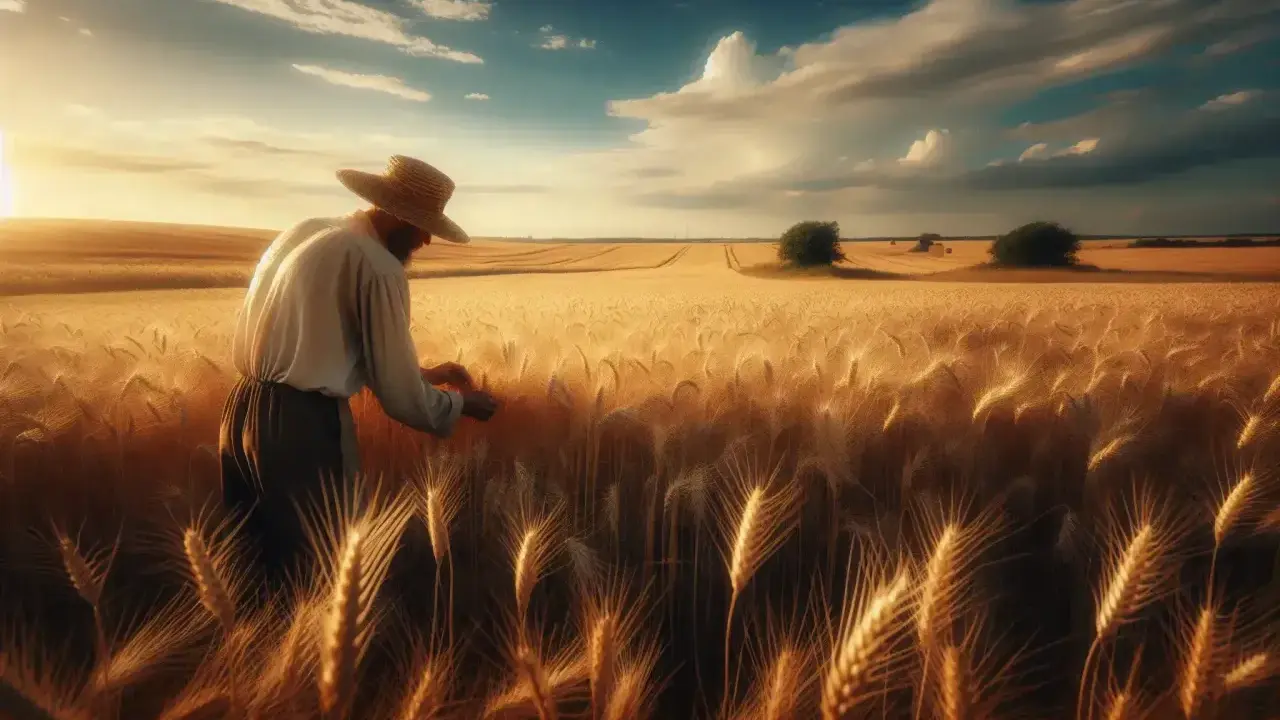 Un contadino con cappello di paglia esamina il grano maturo in un campo dorato al tramonto. La roba riassunto: il ciclo della vita e del raccolto.
