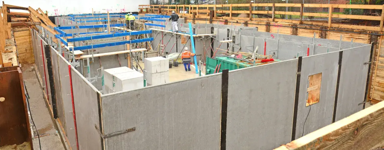 Baustelle mit WU Beton Wänden, Schalung und Arbeitern.