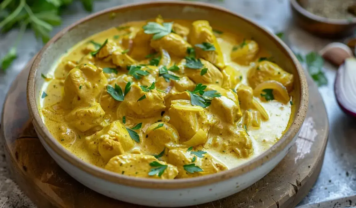 En skål med krämig kyckling currysås, toppad med färsk persilja. En härlig rätt som doftar av kryddor och värme.