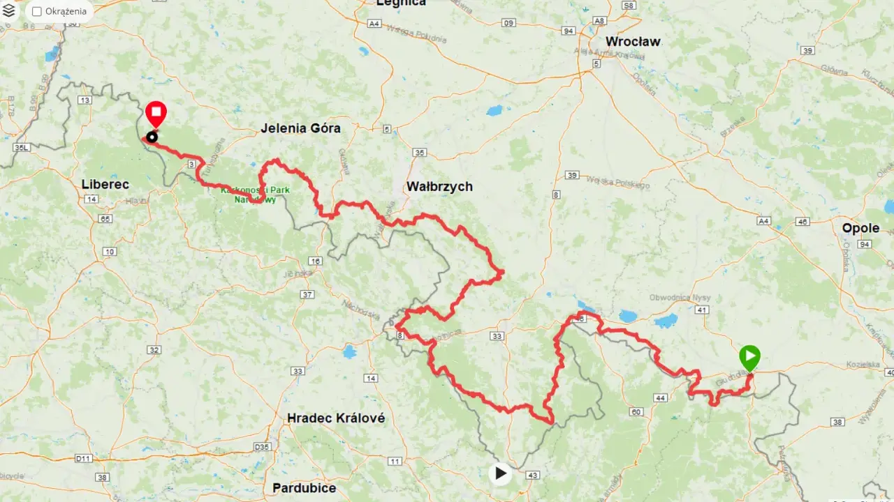 Mapa szlaku z zaznaczonymi punktami. Główny szlak sudecki ile dni zajmuje przejście? Trasa prowadzi przez Karkonosze, Wałbrzych, Opole.