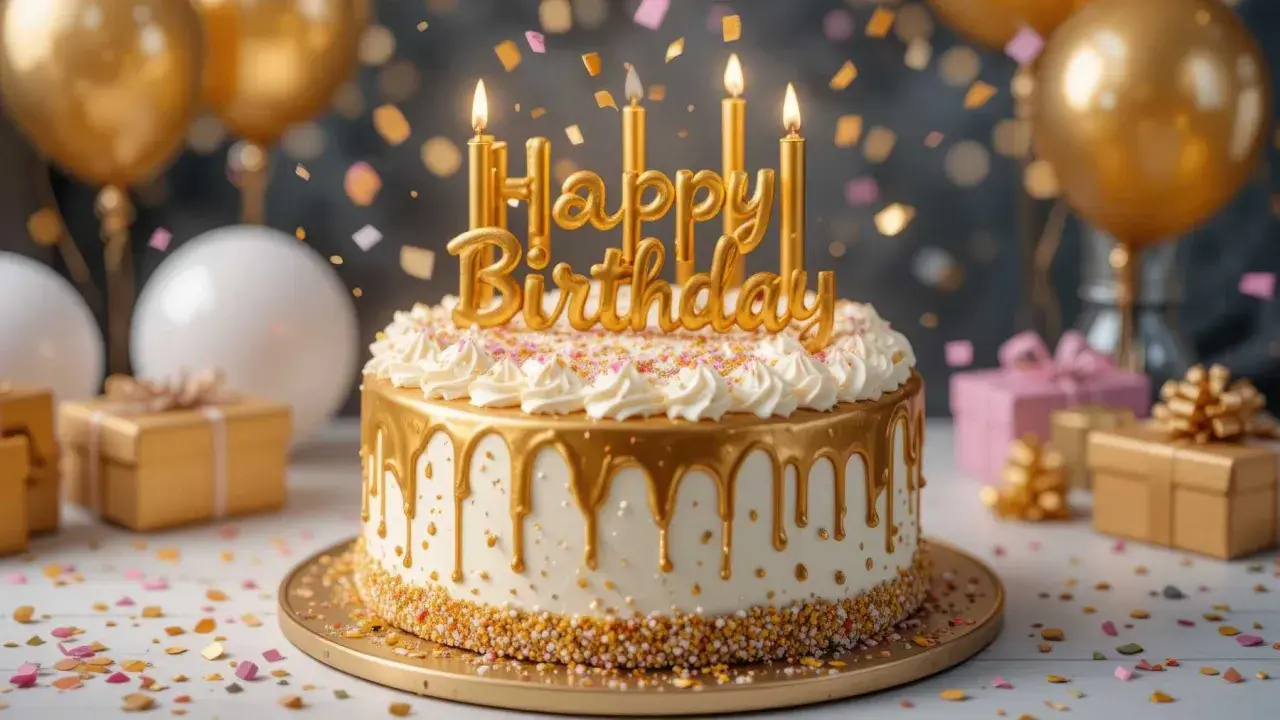 Tarta dorada con "Happy Birthday" y confeti. Ideas para como hacer tartas de cumpleaños espectaculares.