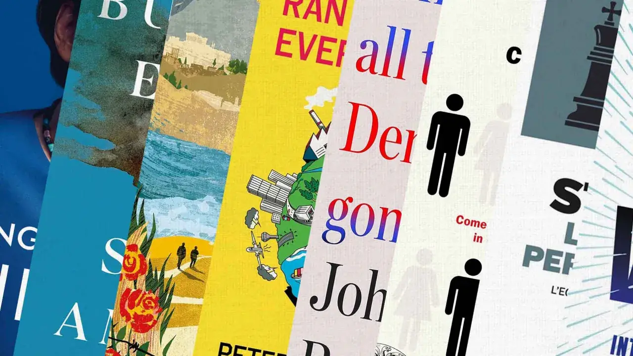 Copertine di libri di attualità con titoli e grafiche varie, tra cui figure stilizzate, scacchi e paesaggi.