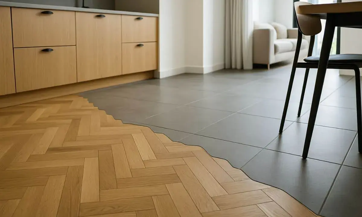 Un pavimento in parquet a spina di pesce incontra piastrelle grigie, un'idea per rifare pavimento con stile.