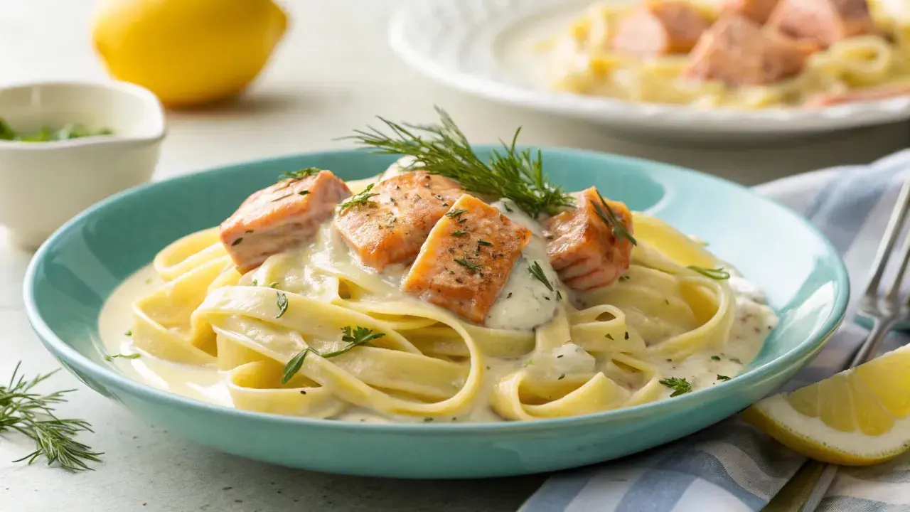 Tagliatelle al salmone: breite Bandnudeln in cremiger Sauce mit saftigen Lachsstücken und frischen Kräutern, garniert mit Dill.