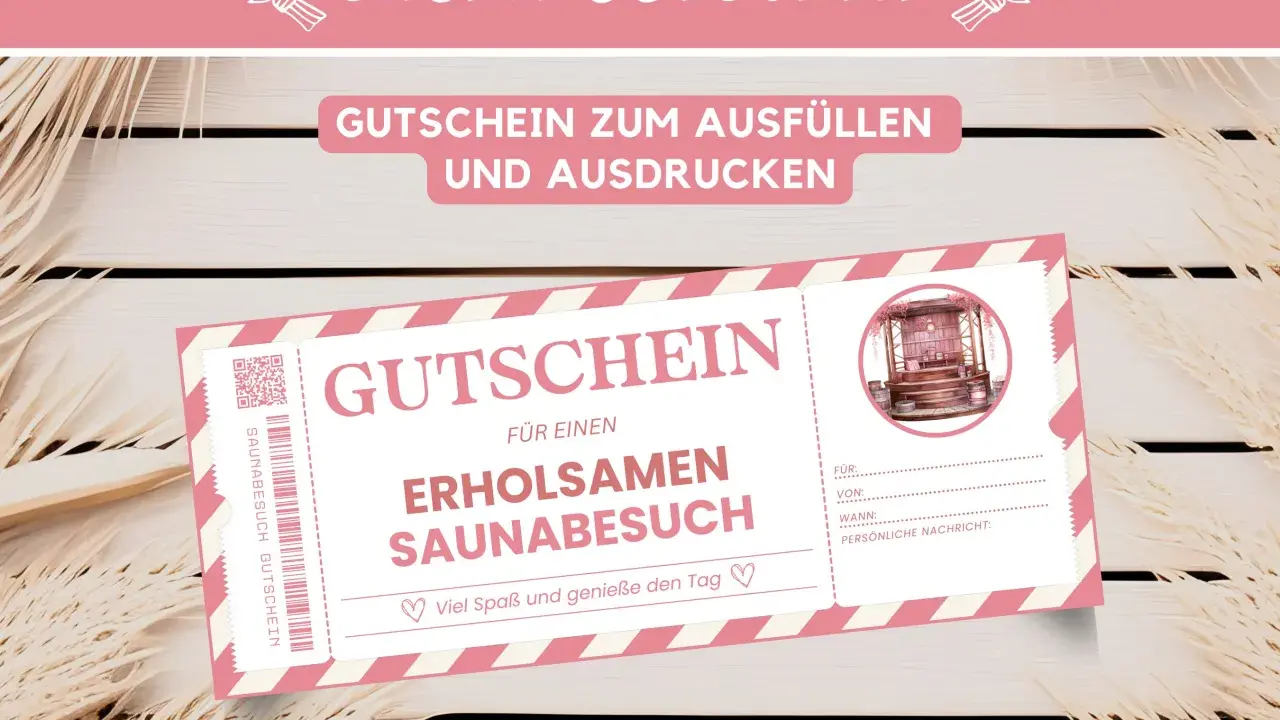 Ein Gutschein für einen erholsamen Saunabesuch mit Illustration einer Sauna.