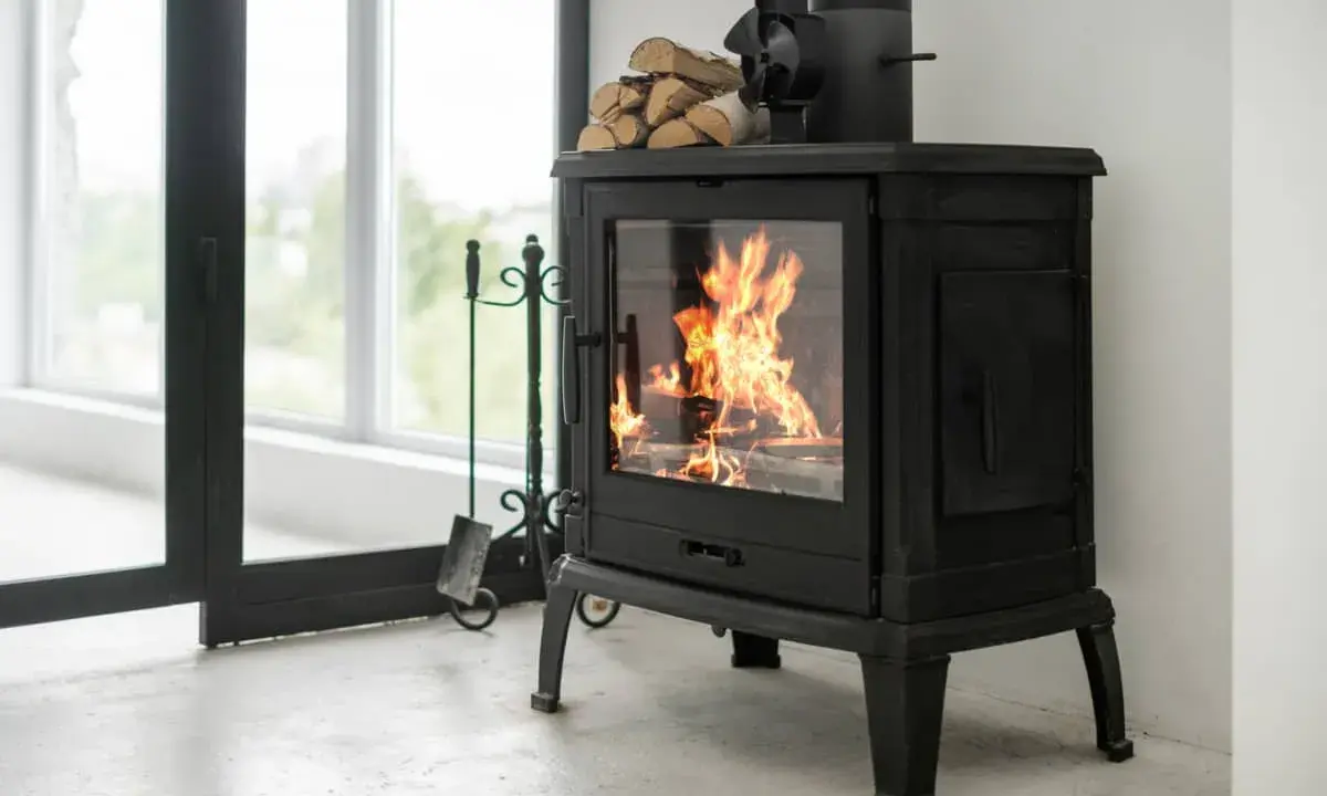 Estufa de leña con fuego encendido, lista para instalarse con salida horizontal. Leña apilada y herramientas de chimenea.