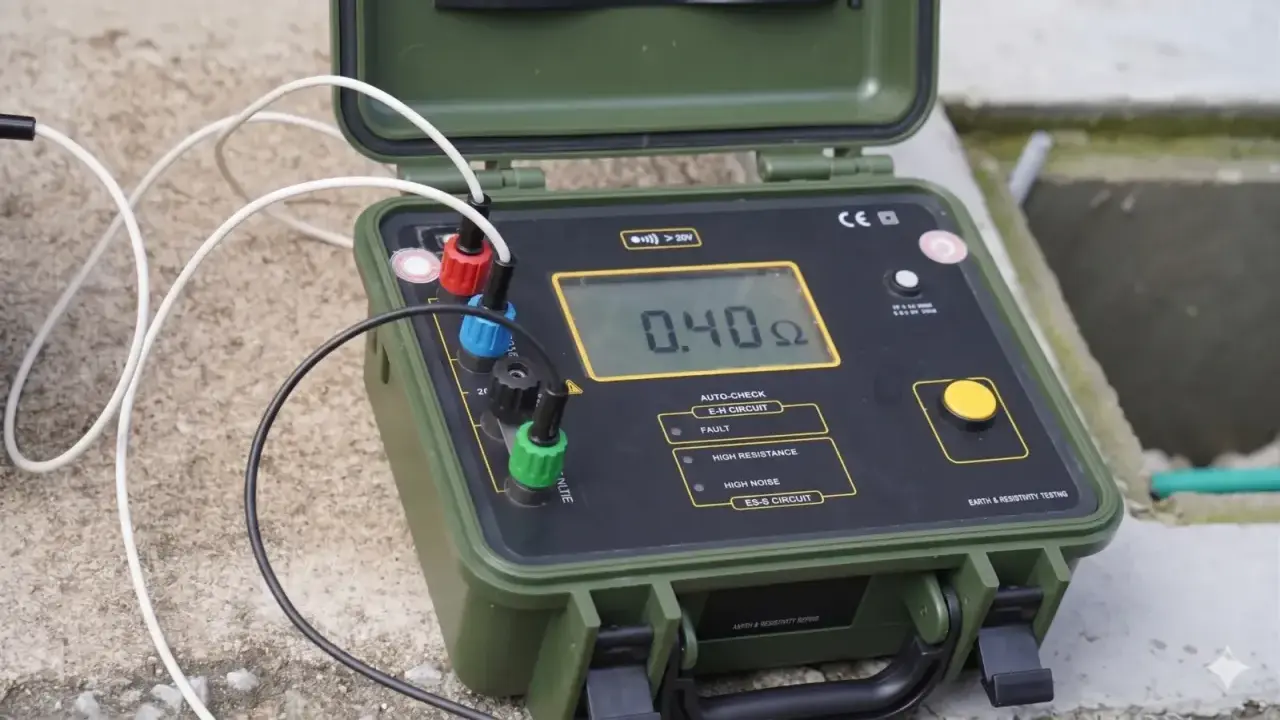 Przyrząd do pomiaru instalacji odgromowej pokazuje 0.40 Ω.