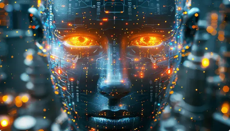Twarz robota z płonącymi oczami, pokryta obwodami i migoczącymi światłami. To jak cyfrowa notacja o.