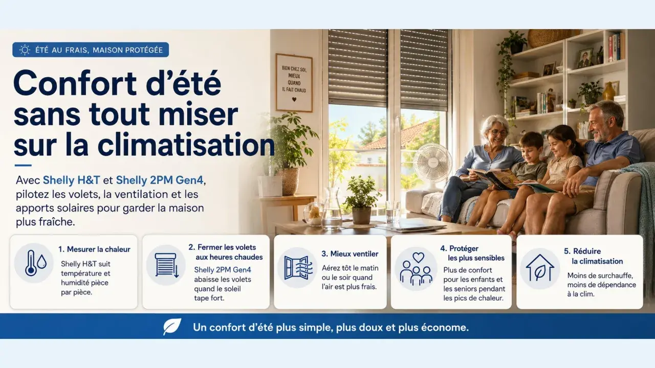 Une famille profite d'un confort thermique d'été à l'intérieur, avec des volets intelligents et une ventilation pour une maison fraîche.