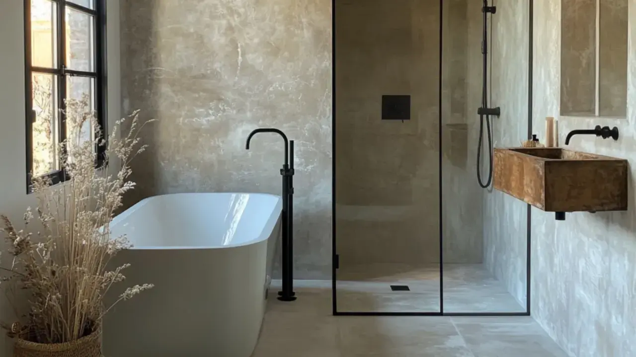 Bagno moderno con vasca freestanding, lavabo in legno e **doccia passante** in cristallo. Pareti effetto resina e dettagli neri.