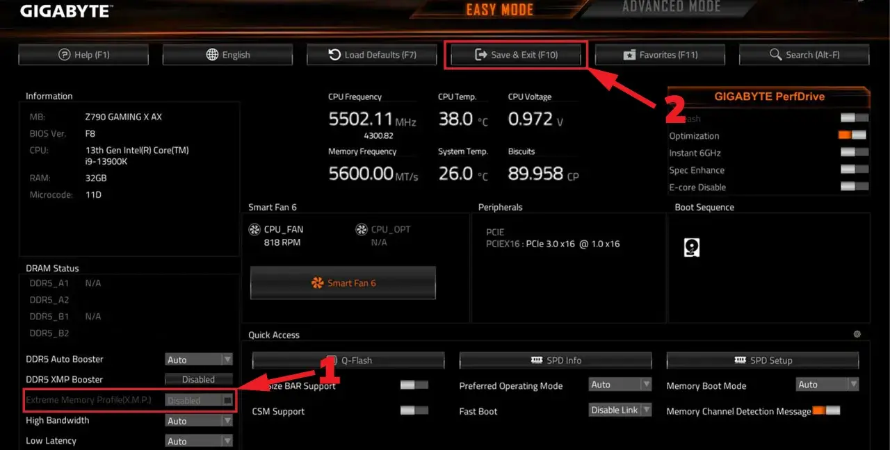 Interface des **bios MSI** GIGABYTE : mode facile, informations système, ventilateurs, et options de démarrage.