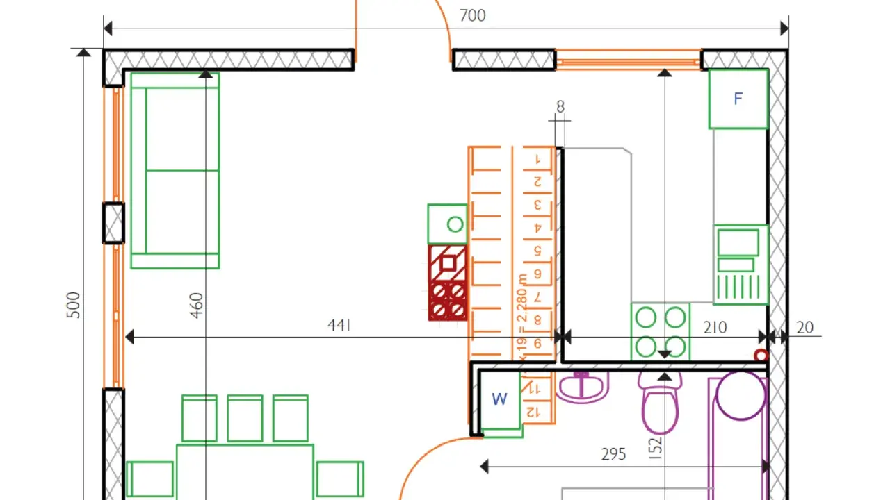 Projekt wnętrza domu 35m2: salon z kanapą i stolikiem, aneks kuchenny, łazienka.