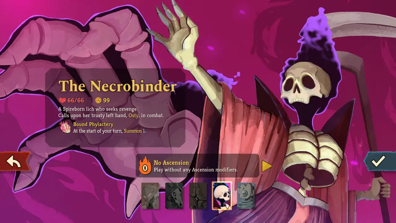 Postać "The Necrobinder" z gry Slay the Spire 2. Lich z kości, z kosą i płonącą czaszką, gotowa do walki.