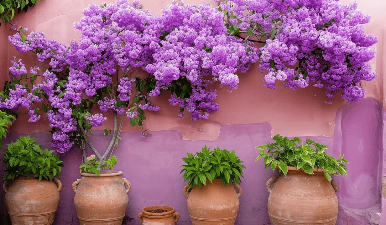 Una exuberante planta morada adorna una pared rosa, con macetas de terracota alineadas abajo.