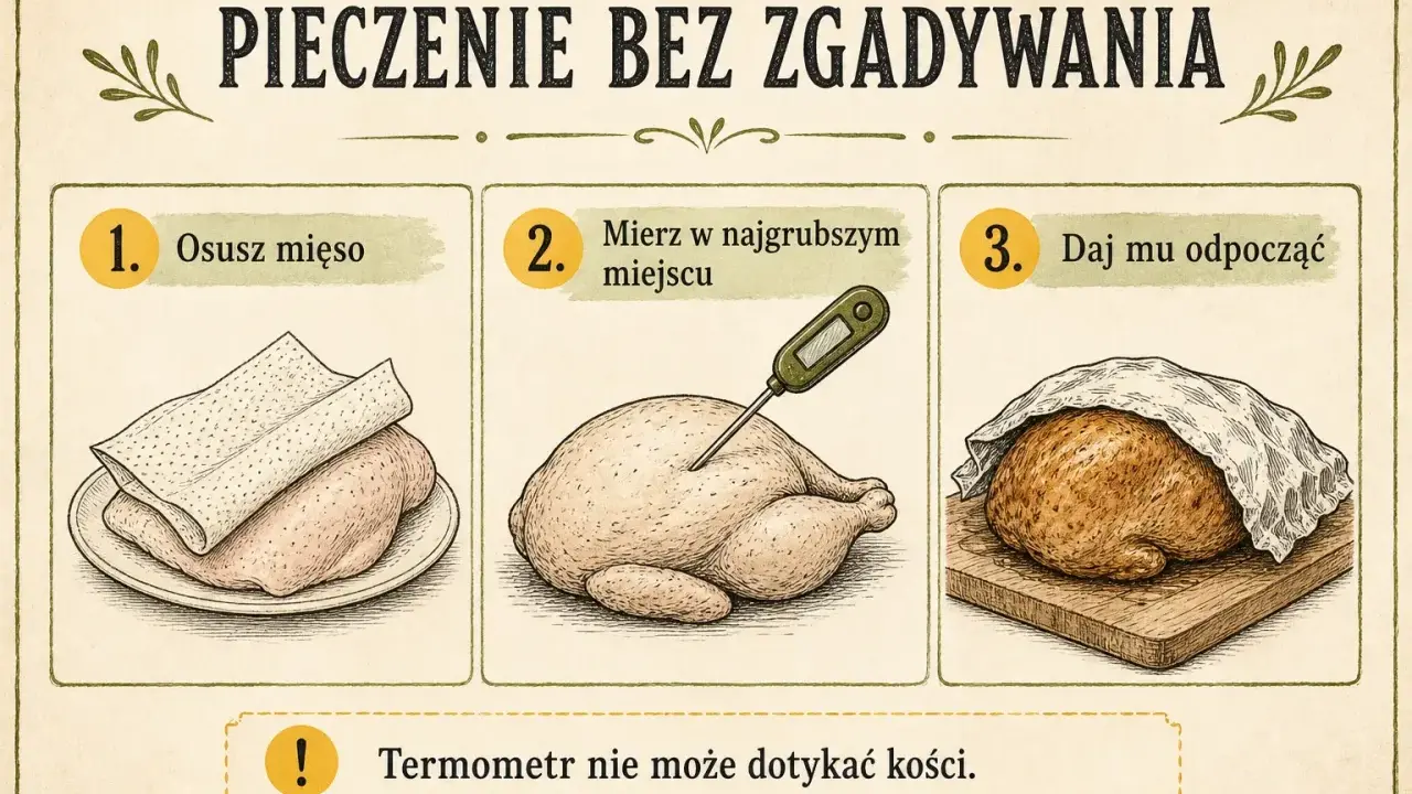 Instrukcja pieczenia kurczaka: osusz mięso, zmierz temperaturę w najgrubszym miejscu, daj mu odpocząć. Termometr nie może dotykać kości.