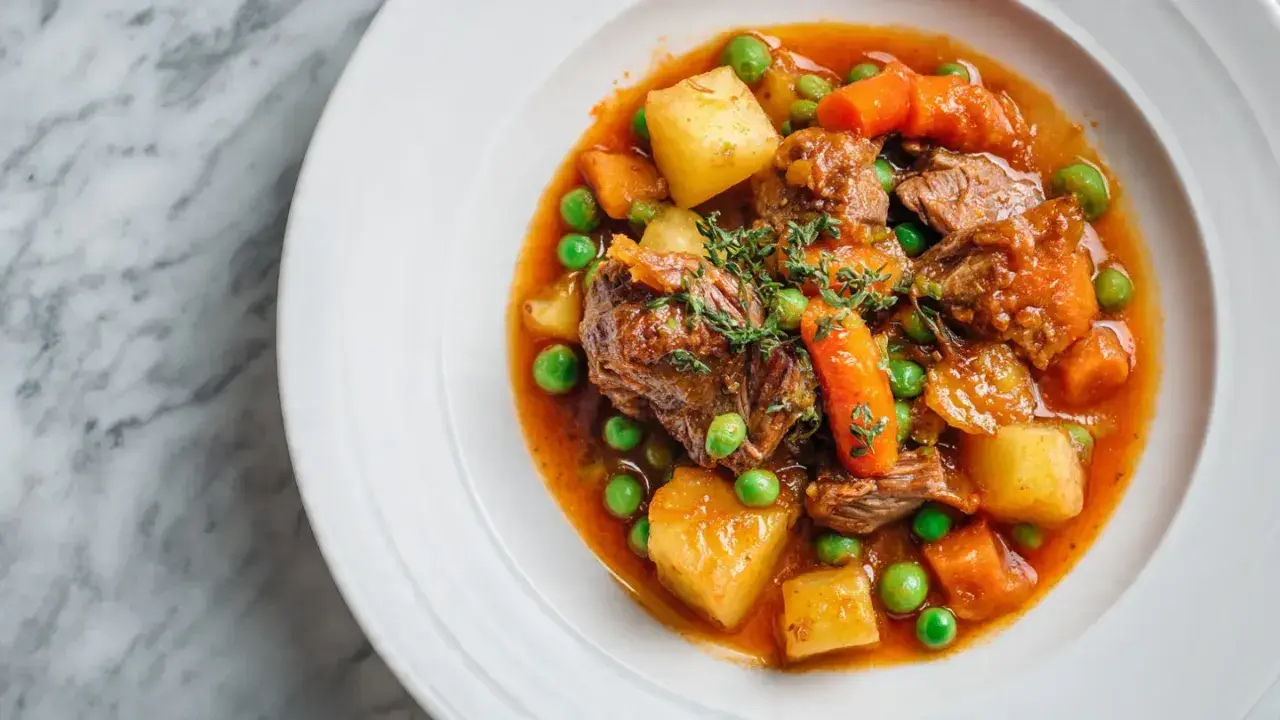 Un savoureux navarin d'agneau recette, garni de pois, carottes et pommes de terre, dans une assiette blanche sur fond marbre.