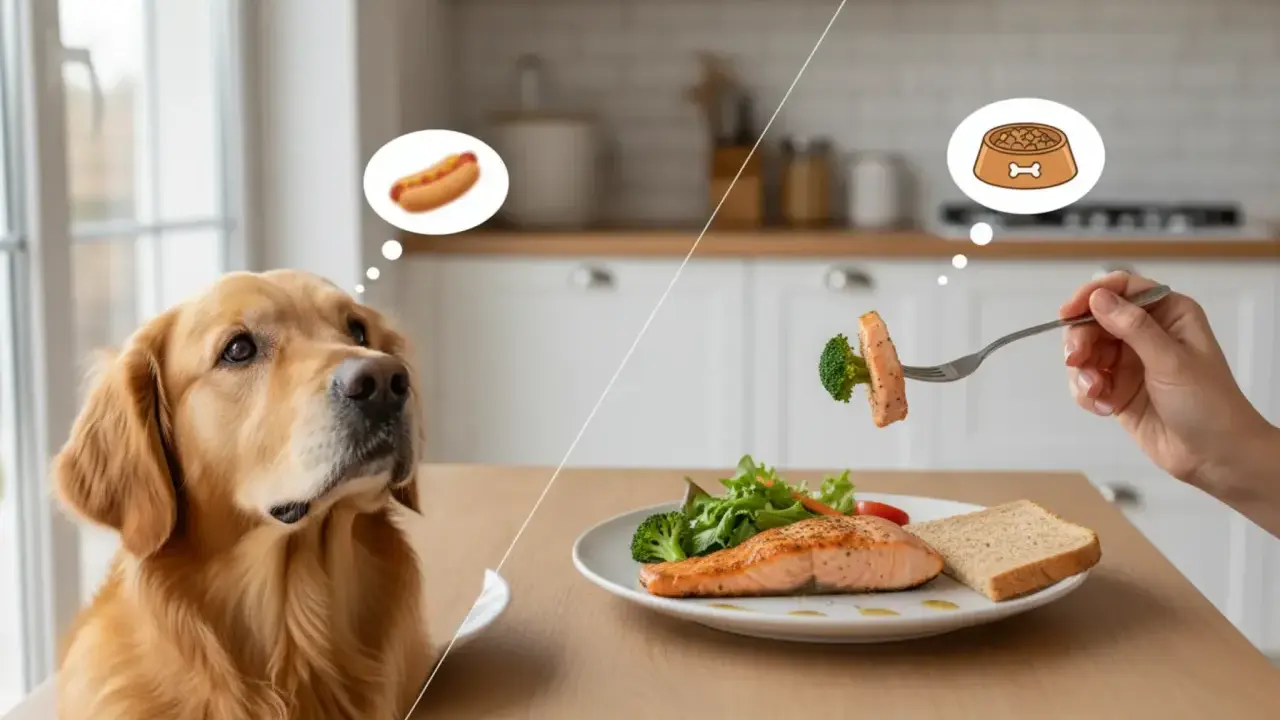 Golden retriever marzy o parówce, ale wie, czego nie może jeść pies – zdrowy łosoś z brokułami czeka na talerzu.