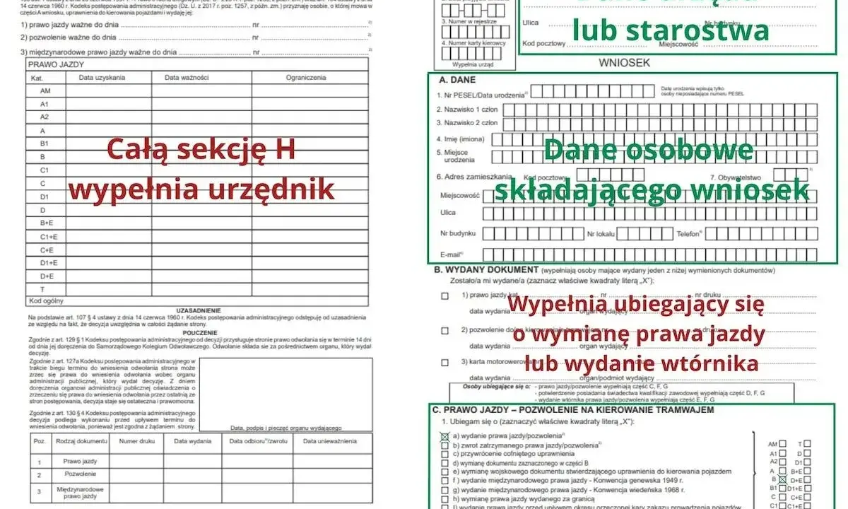 Wniosek KW-WPIS wzór wypełnienia spadek. Dane urzędu lub starostwa, dane osobowe składającego wniosek, wypełnia ubiegający się o wymianę prawa jazdy lub wydanie wtórnika.