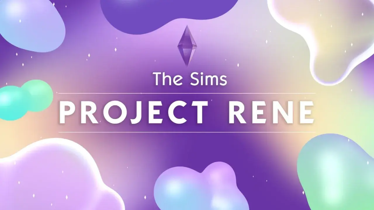 The Sims: Project Rene. Kolorowe, abstrakcyjne kształty na fioletowo-żółtym tle.
